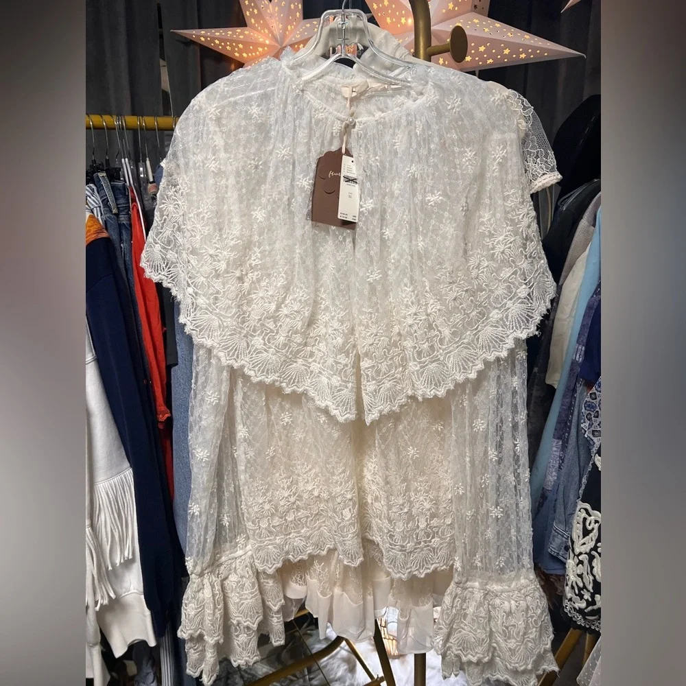 Anthropologie Forever That Girl Long-Sleeve Lace-Bib Blouse